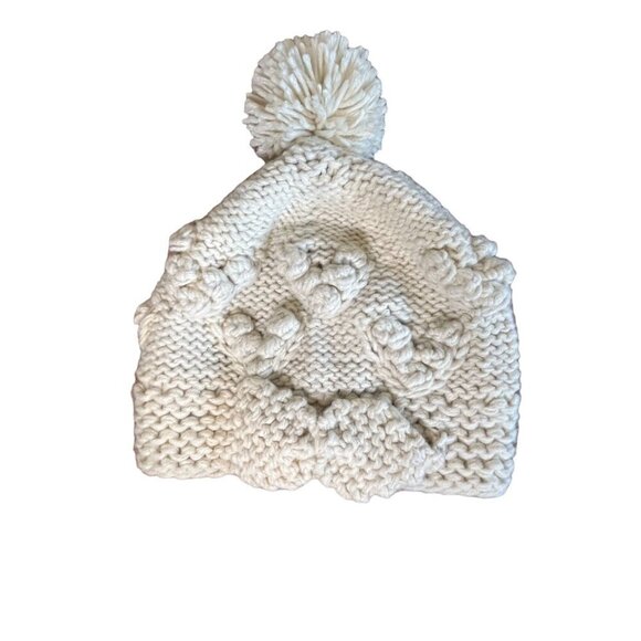 Icing Hat Women Cream 9" Knit Beanie Pom Heart Cable Winter Snow Ski 80s Retro - Picture 1 of 10